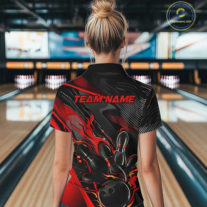 Black And Red Custom Flame Bowling Shirts For Women, Fire Bowling Team Shirt Bowler Jersey IPHW7931