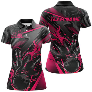 Black And Pink Custom Flame Bowling Shirts For Women, Fire Bowling Team Shirt Bowler Jersey IPHW7933