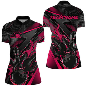 Black And Pink Custom Flame Bowling Shirts For Women, Fire Bowling Team Shirt Bowler Jersey IPHW7933