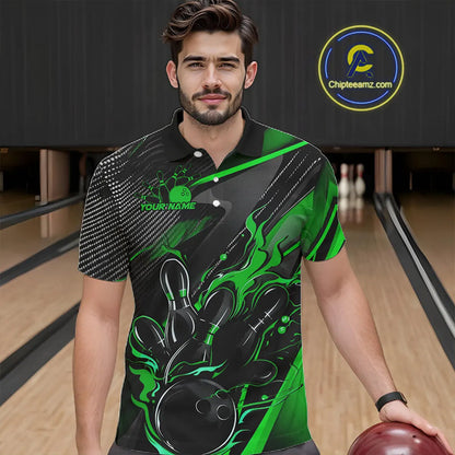 Black And Green Custom Flame Bowling Shirts For Men, Fire Bowling Team Shirt Bowler Jersey IPHW7934