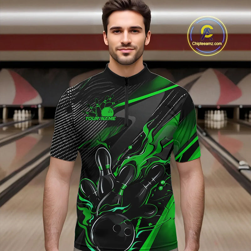 Black And Green Custom Flame Bowling Shirts For Men, Fire Bowling Team Shirt Bowler Jersey IPHW7934