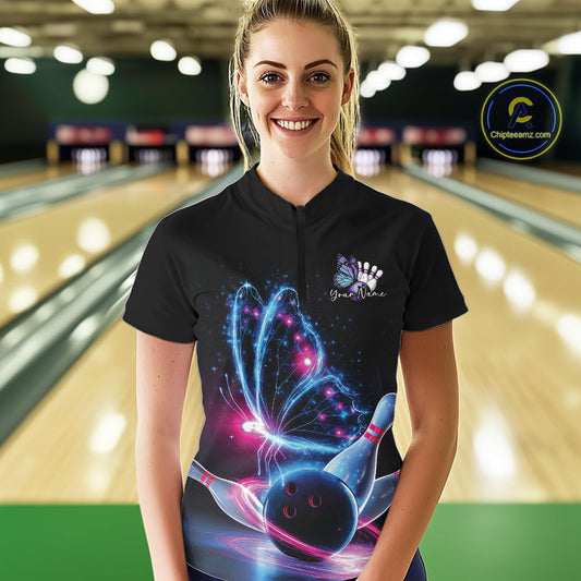 Custom Blue And Pink Galaxy Butterfly Bowling Women Shirts, Ladies Bowling Outfit IPHW10243