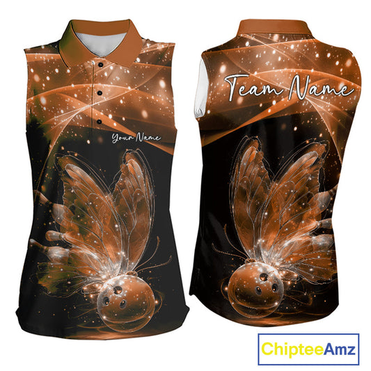 Custom Ethereal Orange Butterfly Bowling Team Women Sleeveless Polo Shirts, Ladies Bowling Outfit IPHW10247