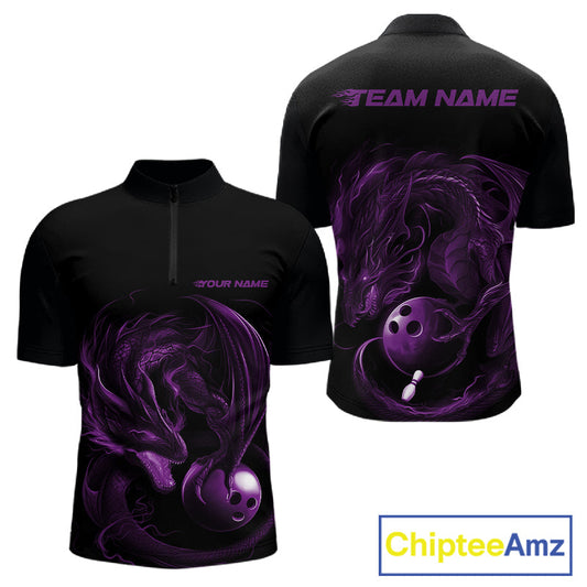Custom Black And Purple Dragon Bowling Shirts, Bowling League Shirt Dragon Men Jersey IPHW10704