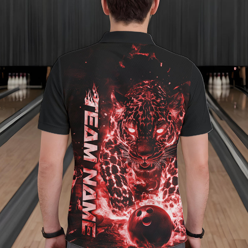Custom Red Flaming Leopard Bowling Shirts For Men, Fire Bowling Team Shirt Bowler Uniform IPHW10712