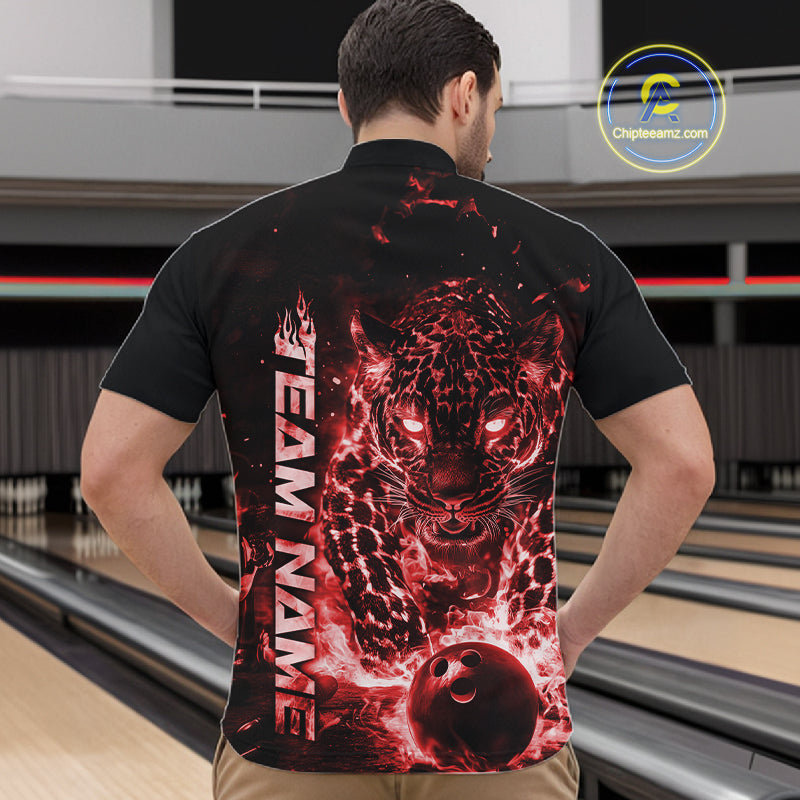Custom Red Flaming Leopard Bowling Shirts For Men, Fire Bowling Team Shirt Bowler Uniform IPHW10712