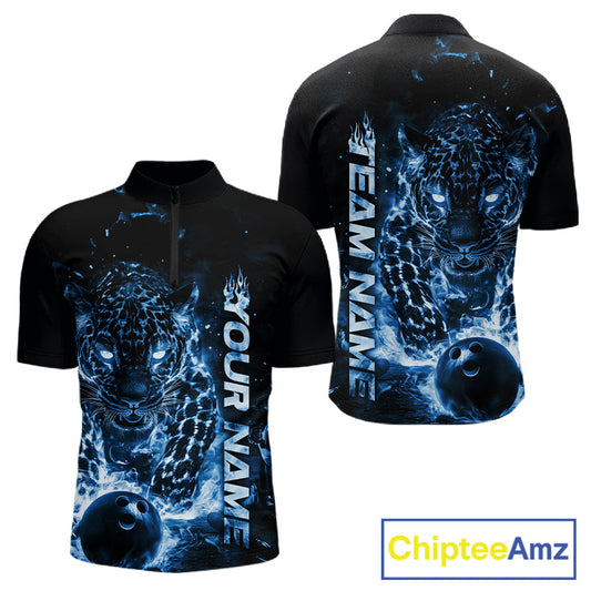 Custom Blue Flaming Leopard Men Bowling Shirts, Fire Bowling Team Shirt Bowler Uniform IPHW10714