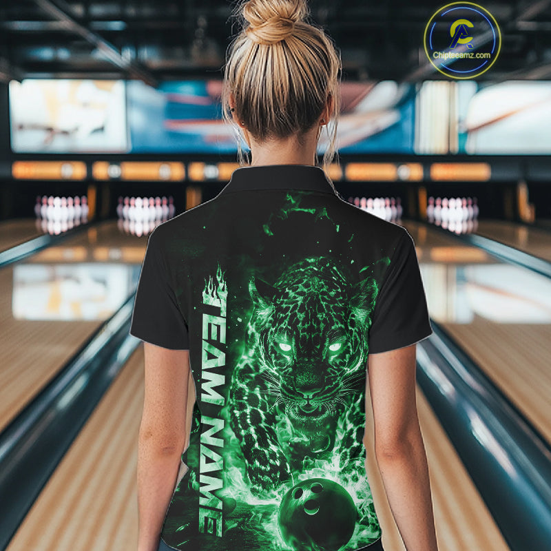 Custom Green Flaming Leopard Women Bowling Shirts, Fire Bowling Team Shirt Bowler IPHW10715
