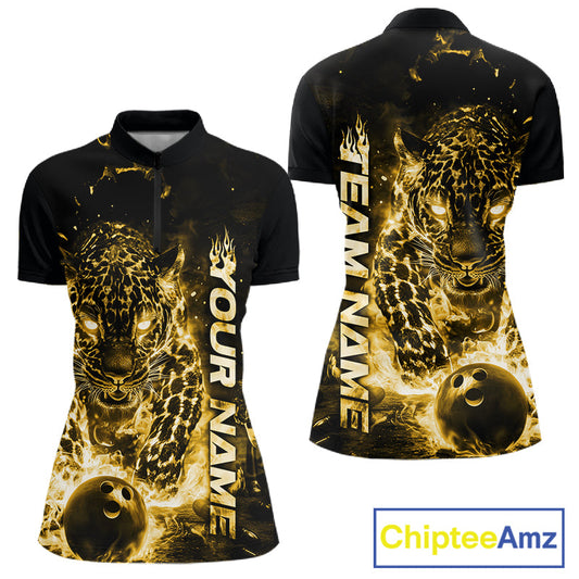 Custom Yellow Flaming Leopard Women Bowling Shirts, Fire Bowling Team Shirt Bowler IPHW10716