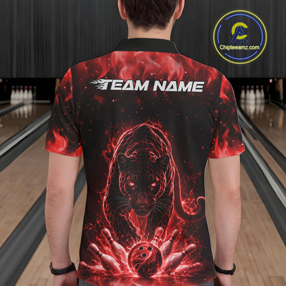 Back view of a male model in a bowling lane wearing a black polo shirt featuring glowing red electric panther design with energetic bowling action visuals.