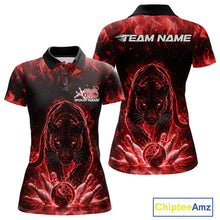 Load image into Gallery viewer, Custom Black And Red Flame Leopard Bowling Women Polo Shirt, Bowling League Team Shirt IPHW11254