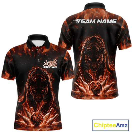 Front and back view of a mens black polo shirt mockup featuring a glowing electric panther in orange with bowling ball crashing through pins dynamic design.