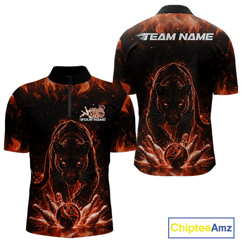 Front and back view of a mens black bowling quarter-zip shirt mockup featuring a glowing electric panther and bowling ball crashing through pins in orange tones.