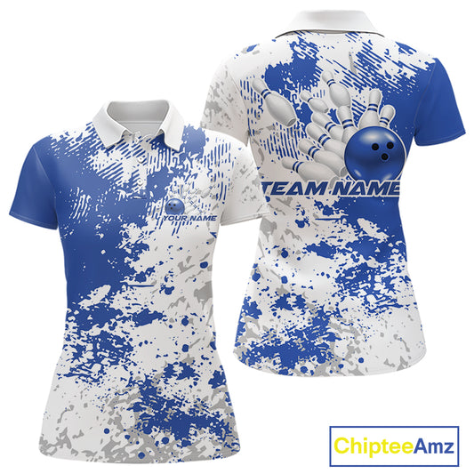 Womens polo shirt mockup front and back, white shirt featuring blue and white splatter background, minimalist apparel display