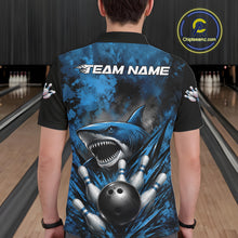 Load image into Gallery viewer, Person wearing a bowling shirt with a shark design in a bowling alley.