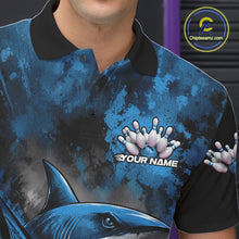 Load image into Gallery viewer, Blue and black polo shirt with shark design and 'Your Name' text, brand logo visible.