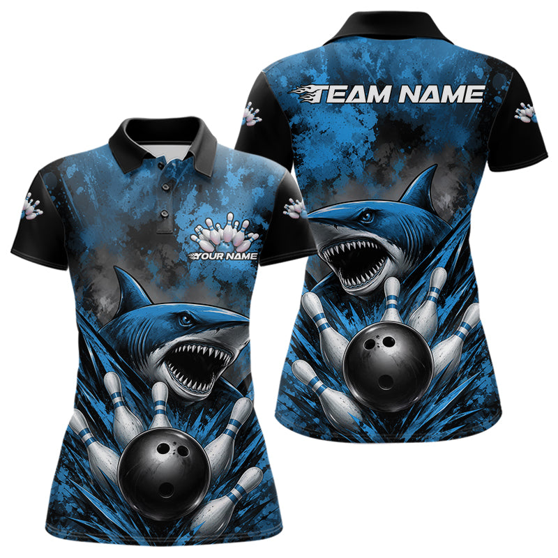 Bowling shirt with shark design and customizable text on a white background