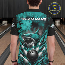 Load image into Gallery viewer, Person wearing a bowling shirt with a shark design and 'Team Name' text in a bowling alley.