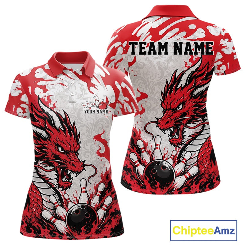 Red and white polo shirt with dragon design on a white background, featuring 'Chiptee Amz' branding.