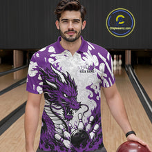 Load image into Gallery viewer, Man wearing a purple and white bowling shirt with a dragon design in a bowling alley.