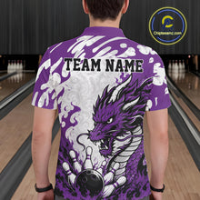 Load image into Gallery viewer, Person wearing a purple bowling shirt with a dragon design and 'TEAM NAME' text at a bowling alley.