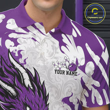 Load image into Gallery viewer, Purple and white bowling shirt with a logo and 'Your Name' text, featuring a dragon design.