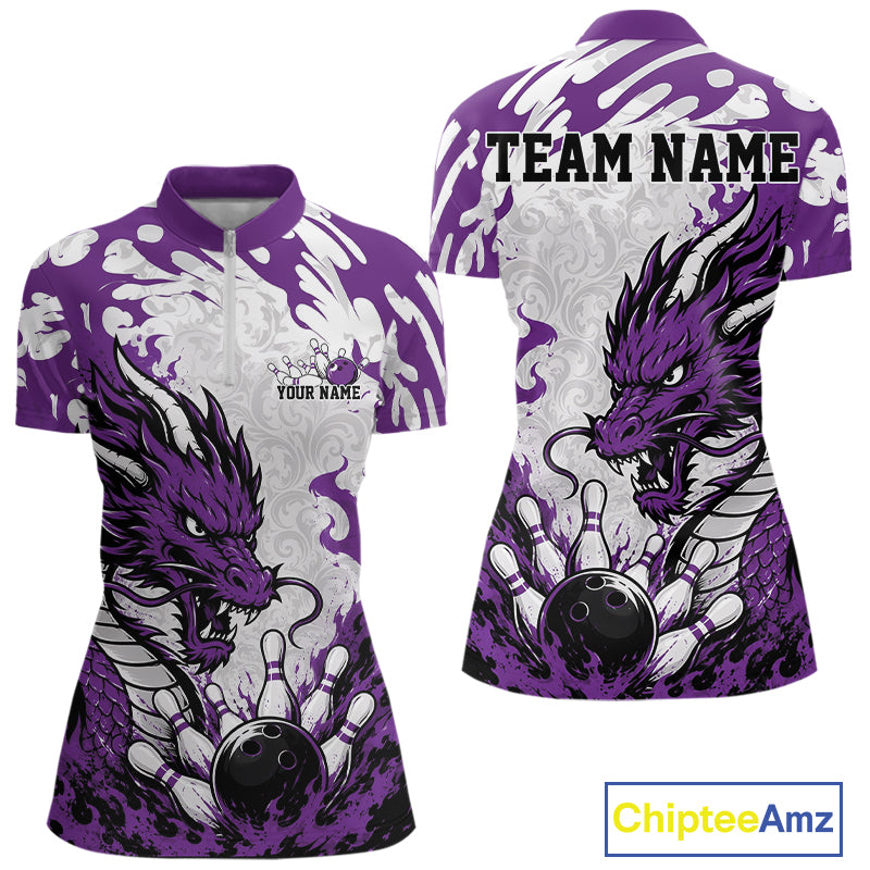 Purple and white bowling shirt with dragon design on a white background