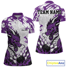 Load image into Gallery viewer, Purple and white bowling shirt with dragon design on a white background