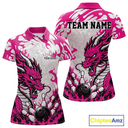 Pink and white polo shirt with dragon design and customizable text on a white background