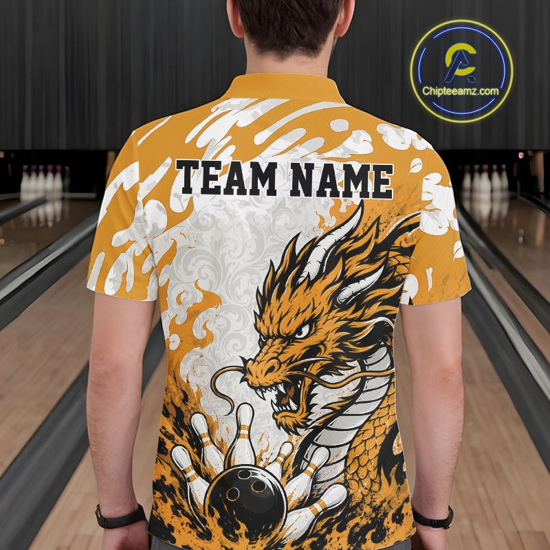 Person wearing a bowling shirt with a dragon design and 'Team Name' text in a bowling alley.