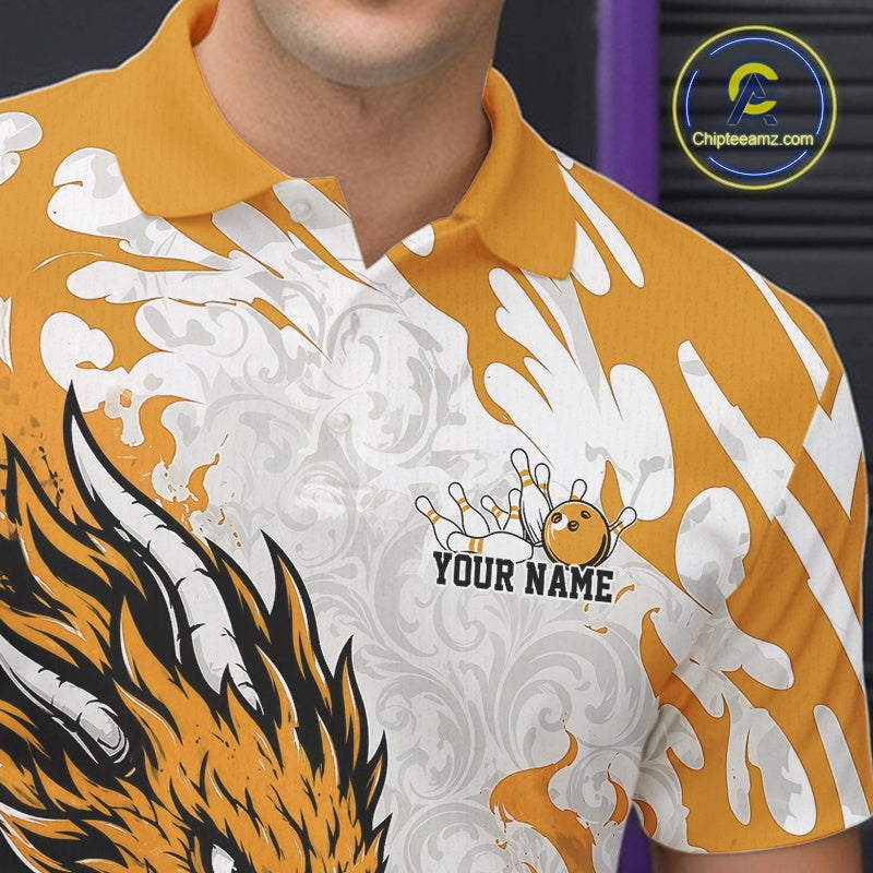 Close-up of a person wearing a bowling shirt with a logo and text 'Your Name' on a blurred background.