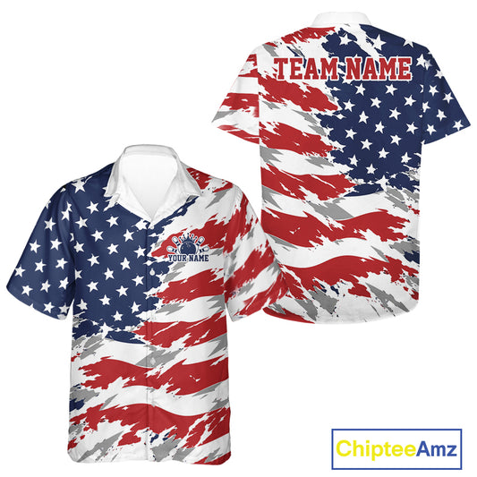 American flag-themed polo shirt with 'Team Name' text on a white background, featuring the brand 'Chiptee Amz'.