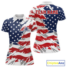 Load image into Gallery viewer, Polo shirt with American flag design and customizable text on a white background