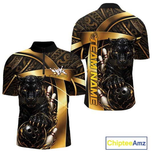 A short-sleeve zip-up bowling jersey shown from the front and back on a white background. The design features a black panther holding bowling balls with gold accents, tribal patterns, and customizable text placeholders 'YOUR NAME' and 'TEAM NAME'.