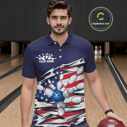 Custom Patriotic Bowling Shirts For Men, US Bowling League Shirts Uniform | Navy IPHW7433