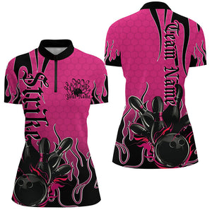 Black And Pink Custom Tribal Flame Bowling Shirts For Women, Bowling Team Shirt Bowler IPHW7943