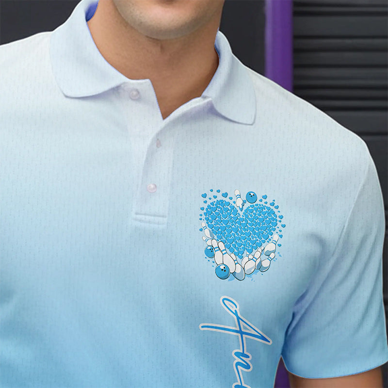 Custom Blue Bowling Heart Polo Shirts For Men, Valentine Bowling Couple Outfits IPHW8362