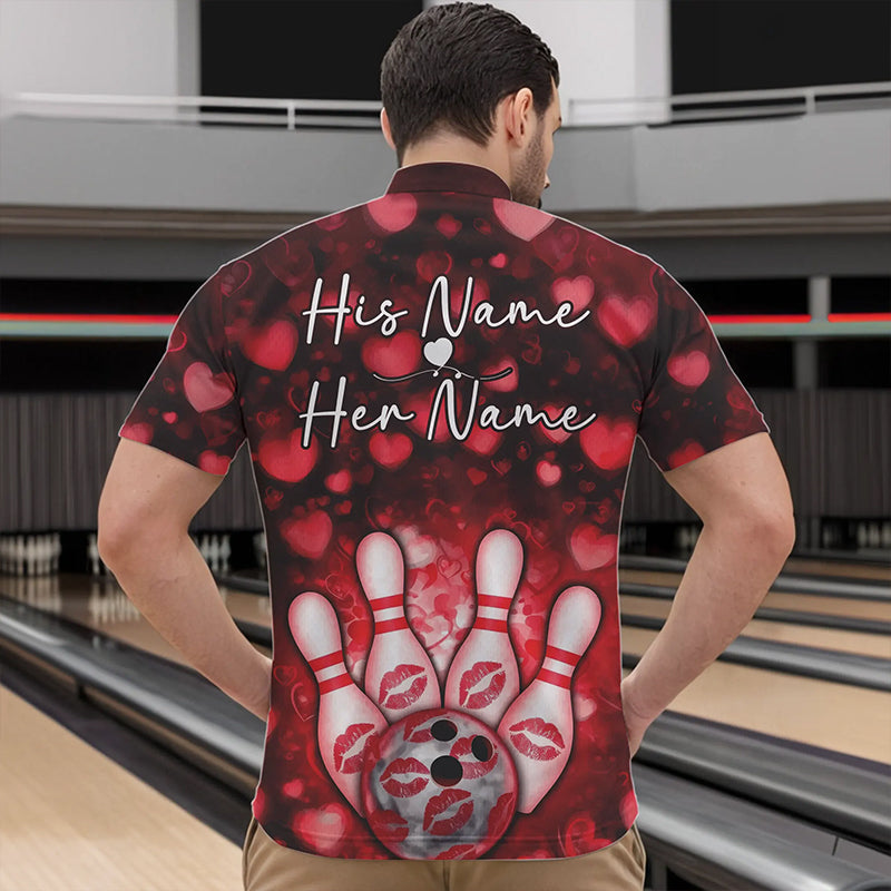 Black And Red Heart Custom Valentines Bowling Quarter-Zip Shirt For Men, Bowling Couple Outfit IPHW8364