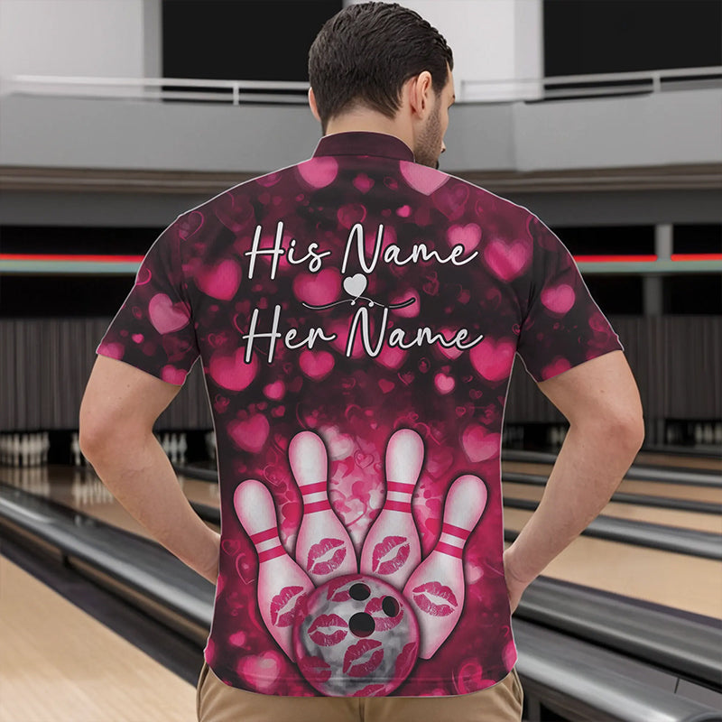 Black And Pink Heart Custom Valentines Bowling Quarter-Zip Shirt For Men, Bowling Couple Outfit IPHW8365