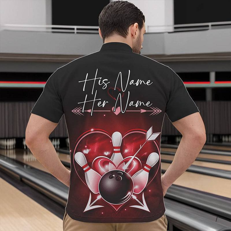 Custom Valentine Bowling Heart Quarter-Zip Shirts For Men, Couple Bowling Outfits IPHW8367