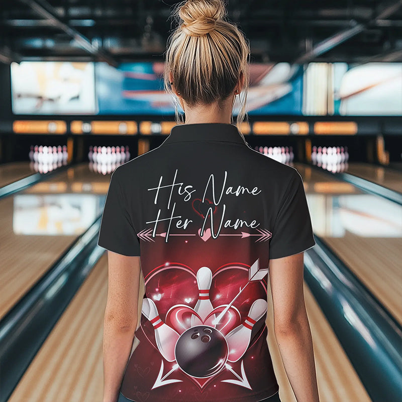 Custom Valentine Bowling Heart Quarter-Zip Shirts For Women, Couple Bowling Outfits IPHW8367