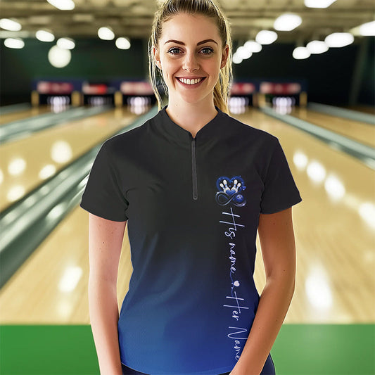 Black And Blue Custom Valentines Bowling Quarter-Zip Shirts For Women, Bowling Couple Shirt IPHW8371