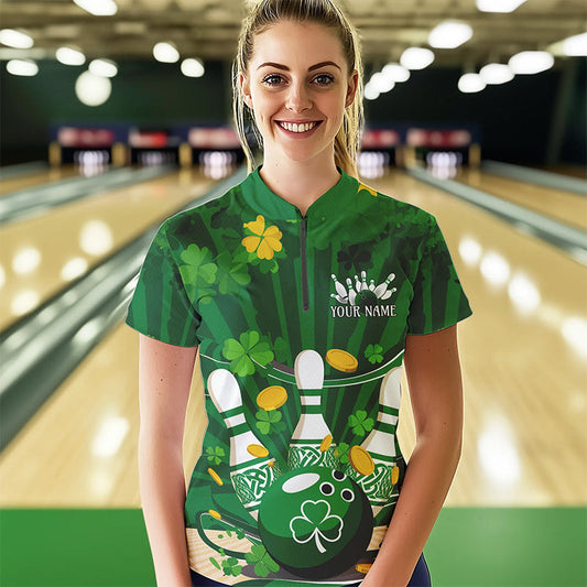 Custom Green St Patrick'S Day Womens Bowling Quarter-Zip Shirts, Celtic Team Bowling Outfit IPHW8375
