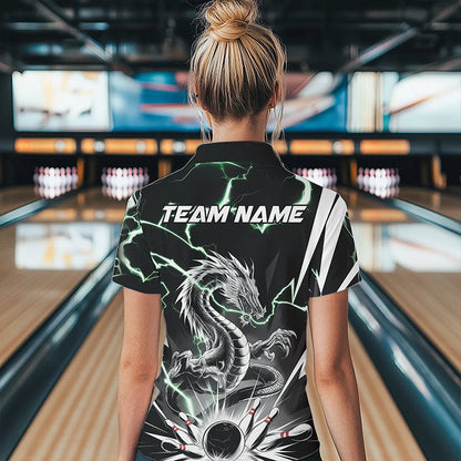 Custom Black And Green Thunder Lightning Dragon Bowling Team Polo Shirts For Women IPHW8555