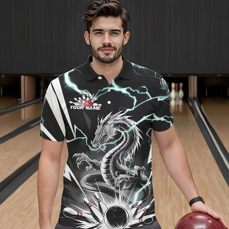 Custom Black And Blue Thunder Lightning Dragon Bowling Team Polo Shirts For Men IPHW8557