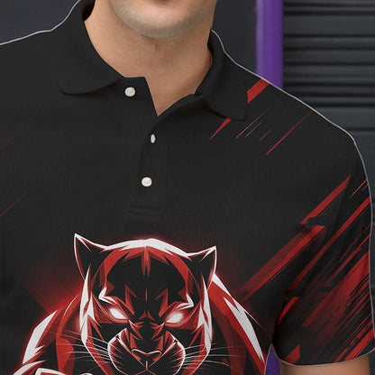 Custom Black And Red Panther Bowling Polo Shirts For Men, Bowling Team Uniform IPHW8564