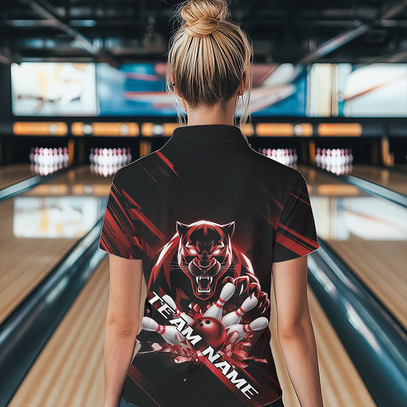 Custom Black And Red Panther Bowling Polo Shirts For Women, Bowling Team Uniform IPHW8564