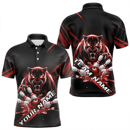 Custom Black And Red Panther Bowling Polo Shirts For Men, Bowling Team Uniform IPHW8564
