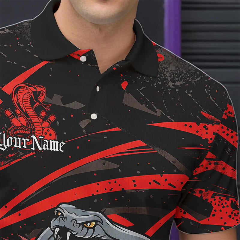 Custom Black And Red Cobra Snake Bowling Team Polo Shirts For Men, Bowling League Shirts IPHW8565