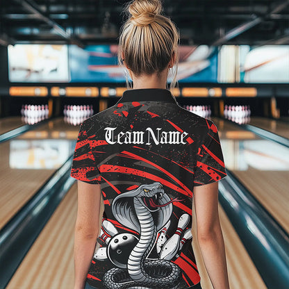 Custom Black And Red Cobra Snake Bowling Team Polo Shirts For Women, Bowling League Shirts IPHW8565
